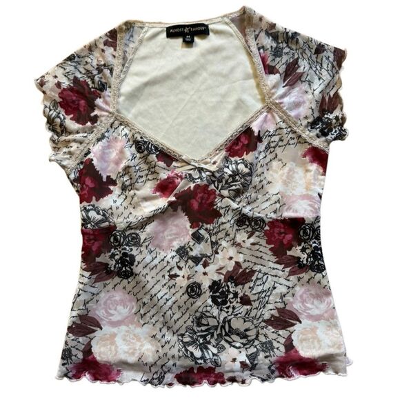 Almost Famous Y2K Lace Cami Babydoll Top Fairy Sheer Lined Floral Cap Sleeve Top - Picture 2 of 7